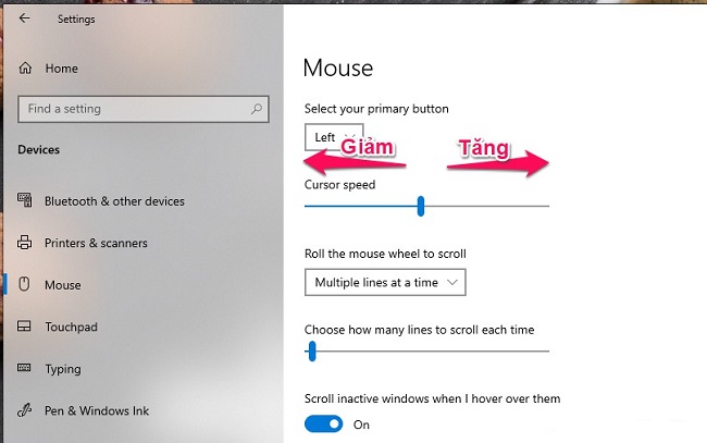 Điều chỉnh tăng giảm tốc độ chuột tại Cursor Speed với Windows 10